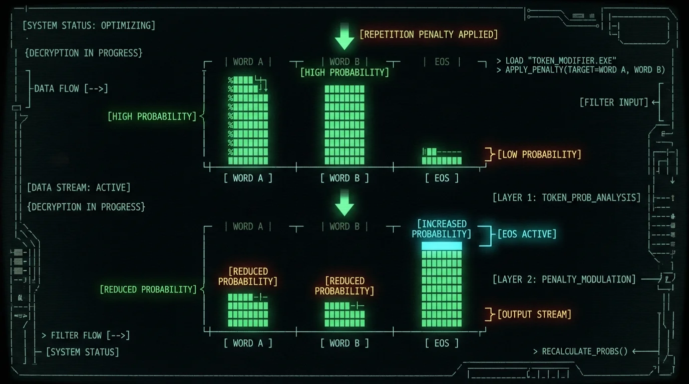 Token probability comparison showing repetition penalty effect on Whisper decoder output
