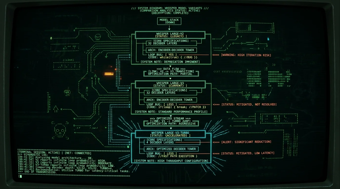 Whisper model versions diagram comparing decoder layer counts and repetition bug status