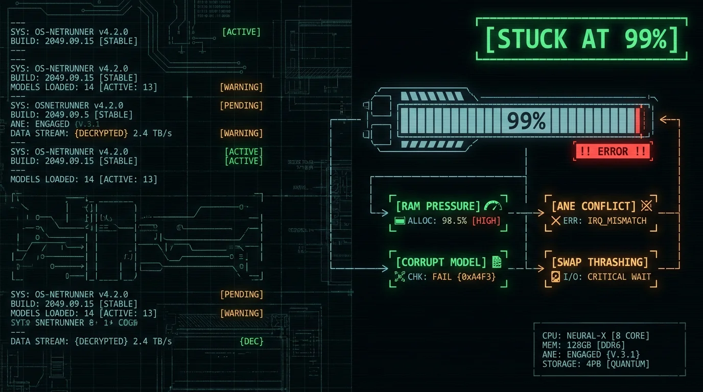 Whisper transcription stuck at 99 percent diagnostic diagram showing RAM pressure ANE conflict corrupt model and swap thrashing root causes on Mac
