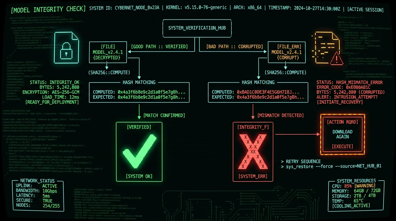 Whisper model file integrity SHA-256 verification diagram showing good versus corrupt download paths with re-download action on Mac