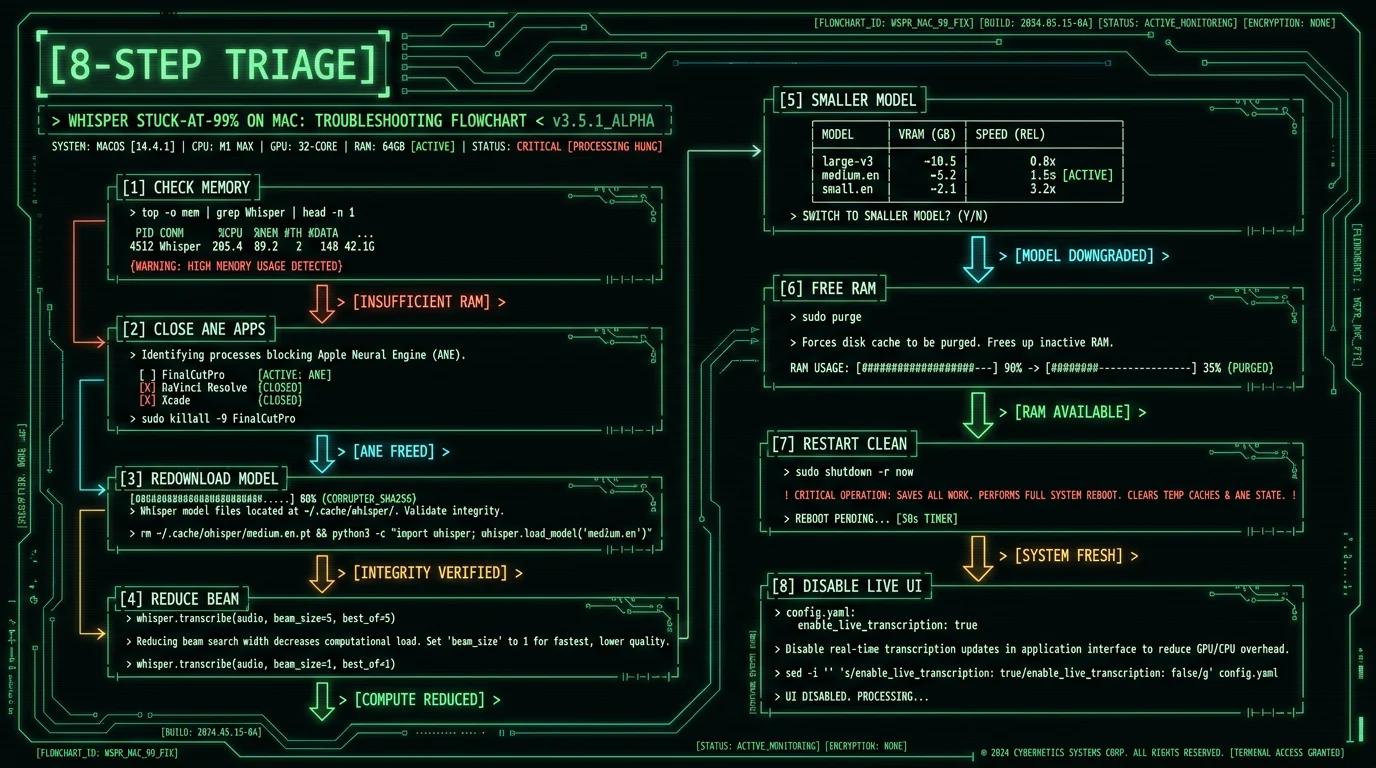 Whisper stuck at 99 percent troubleshooting 8-step flowchart for Mac showing memory pressure ANE conflict model corruption beam size diagnostic path