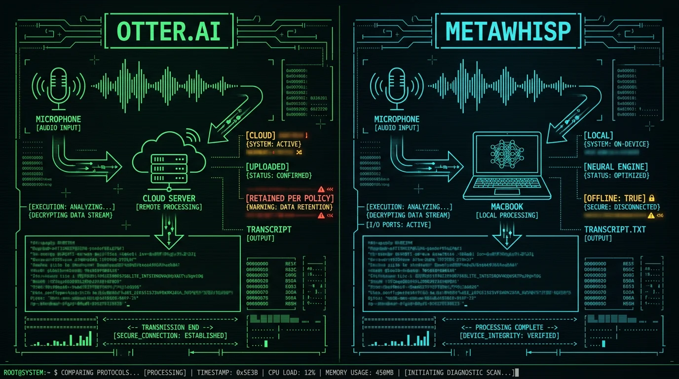 Whisper vs Otter AI privacy comparison diagram showing cloud vs on-device audio processing