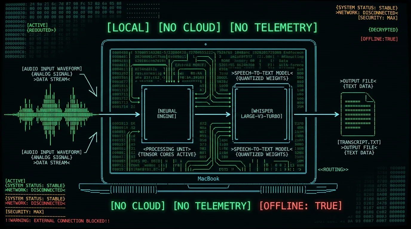 On-device Whisper pipeline running locally on MacBook showing audio to transcript without cloud upload