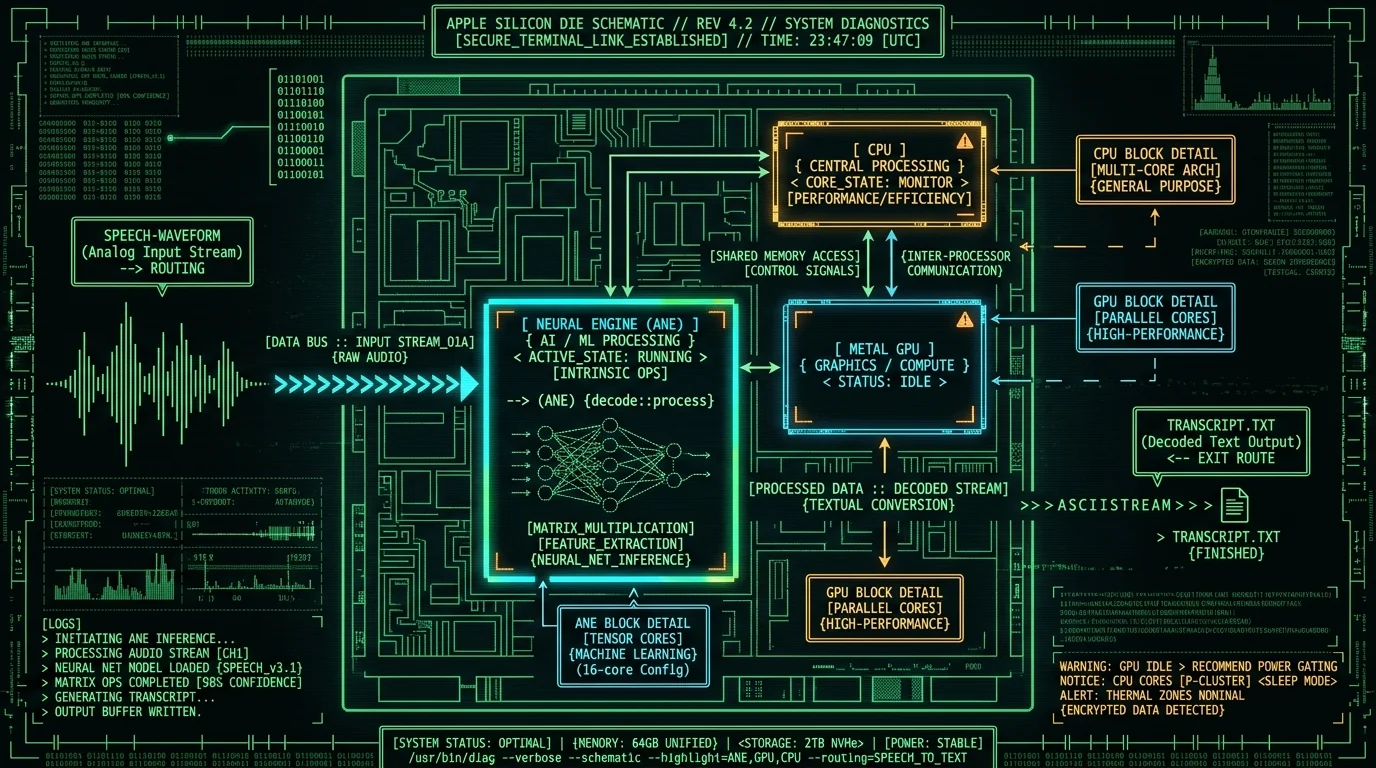WhisperKit vs whisper.cpp Apple Silicon engine diagram showing ANE routing
