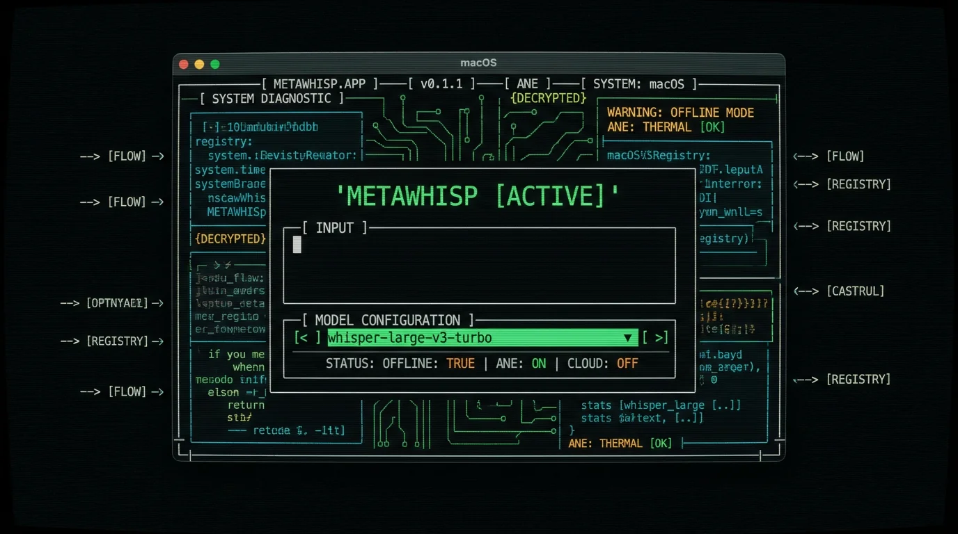 MetaWhisp Mac app running WhisperKit with Whisper large-v3-turbo on Apple Neural Engine