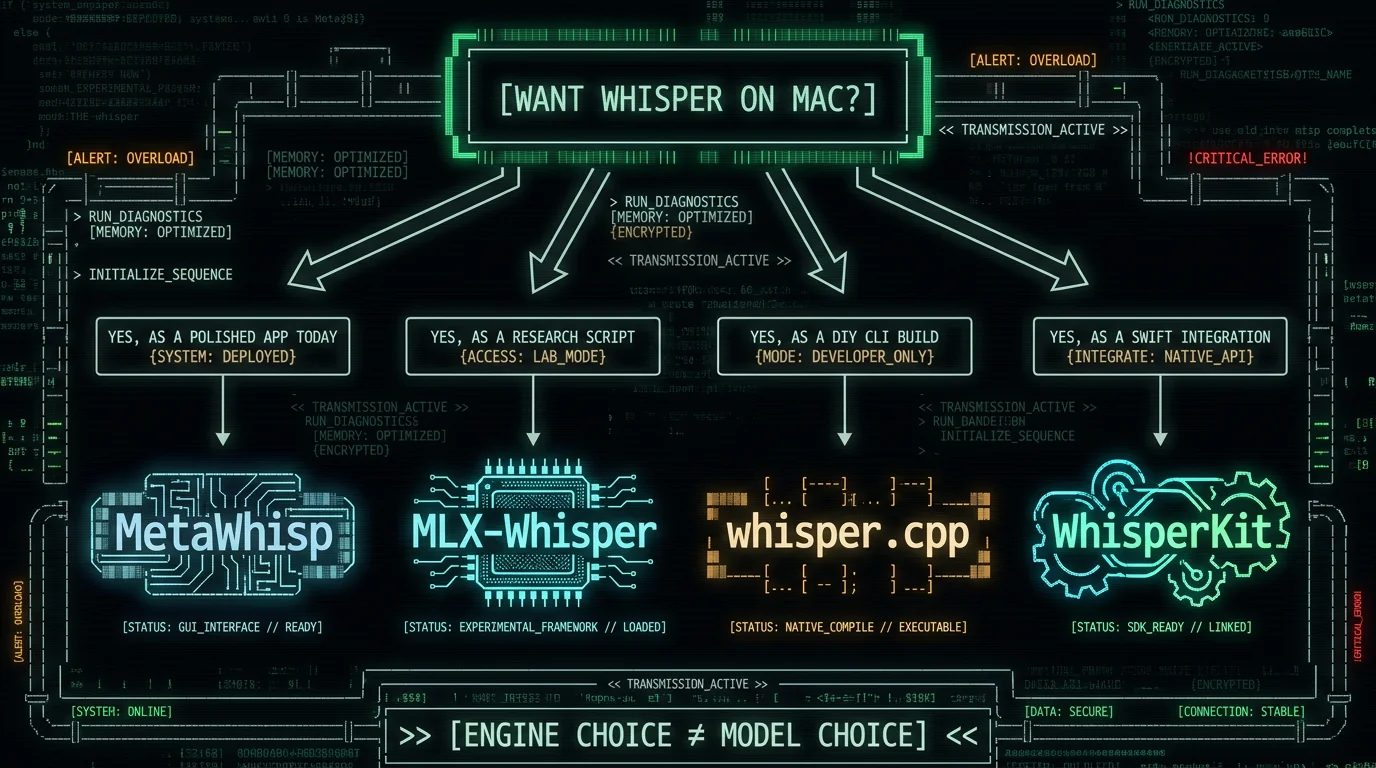 Decision flowchart for choosing Whisper engine WhisperKit vs whisper.cpp on Apple Silicon