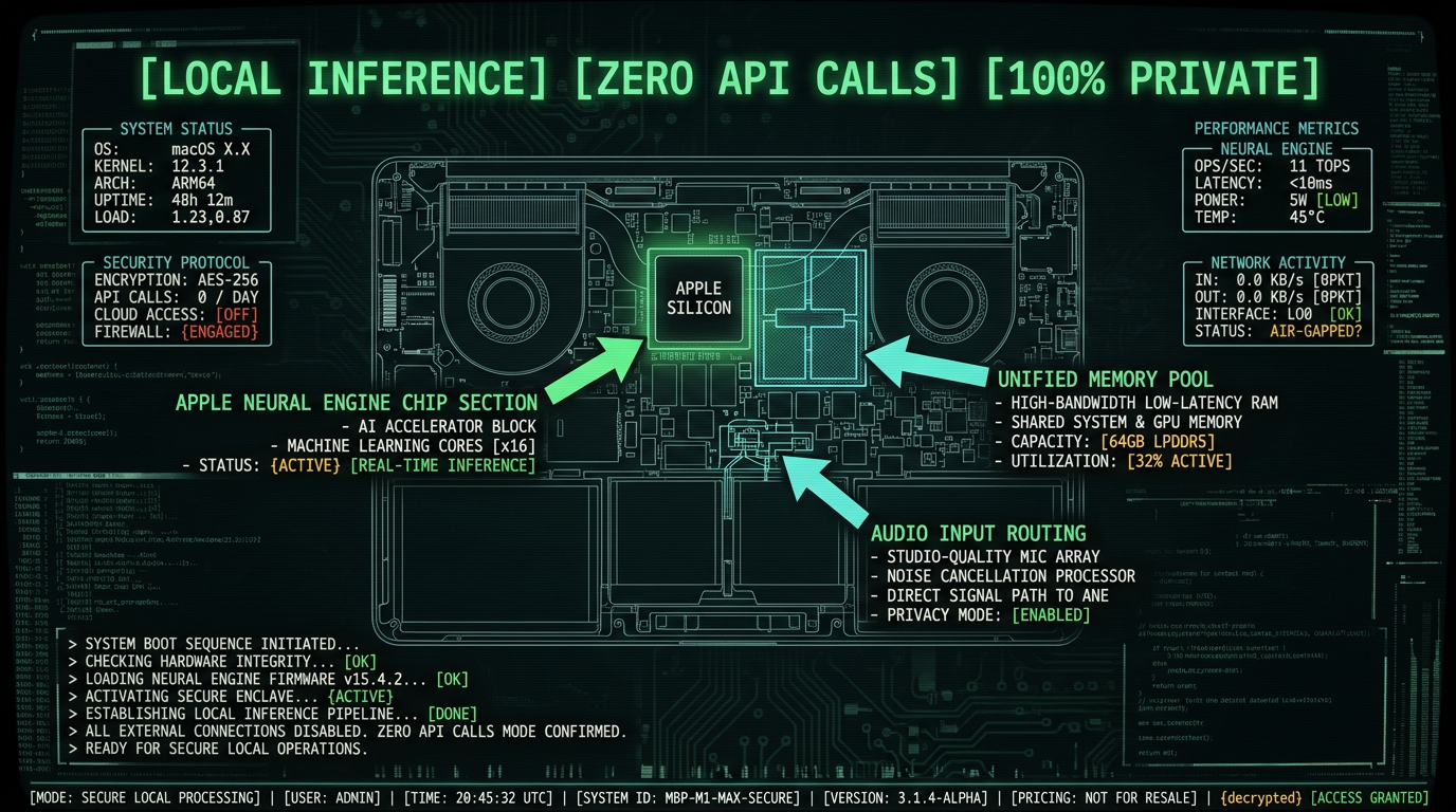 Schematic diagram showing local AI model inference pathway on MacBook with Apple Neural Engine