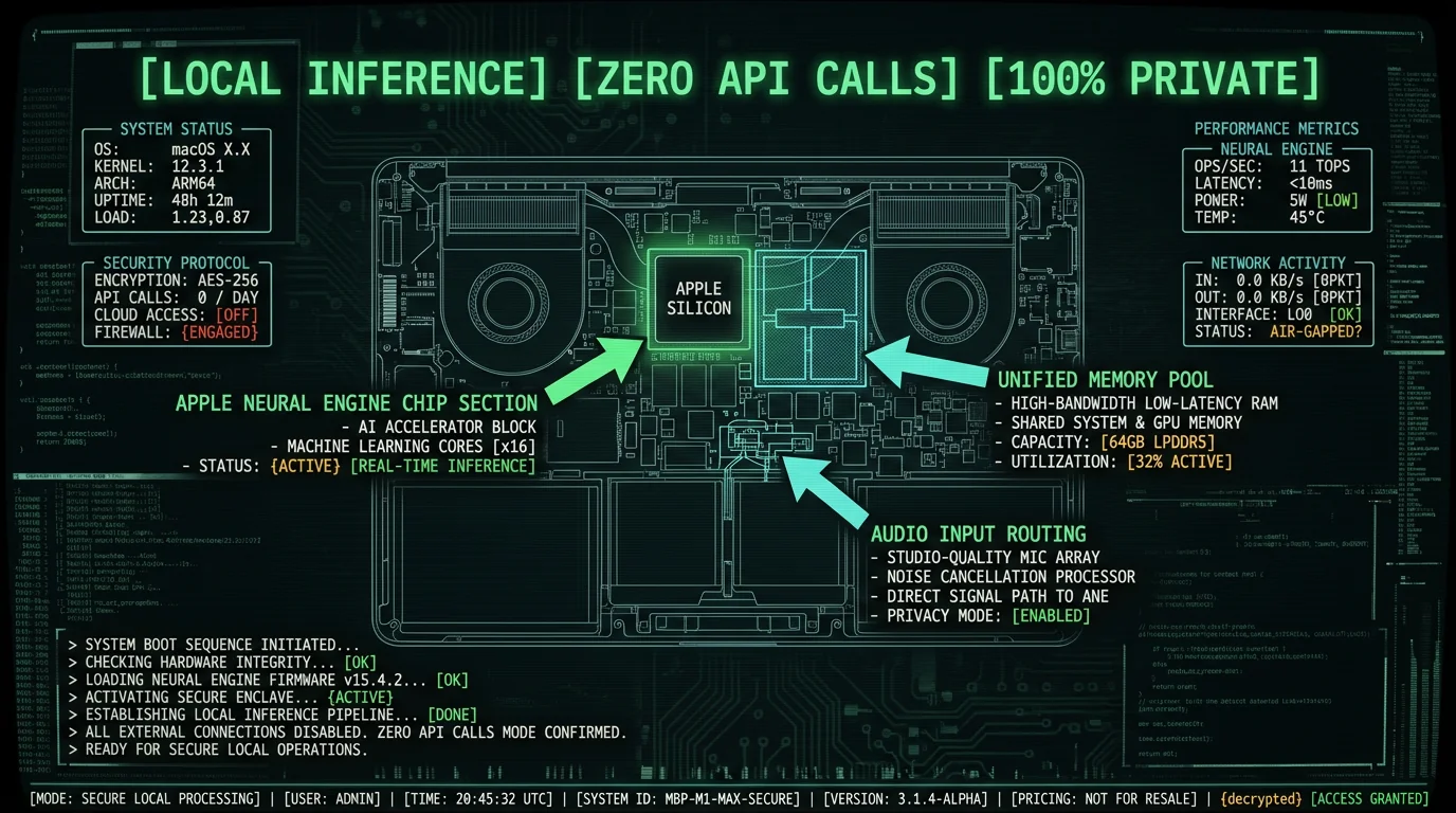 Schematic diagram showing local AI model inference pathway on MacBook with Apple Neural Engine