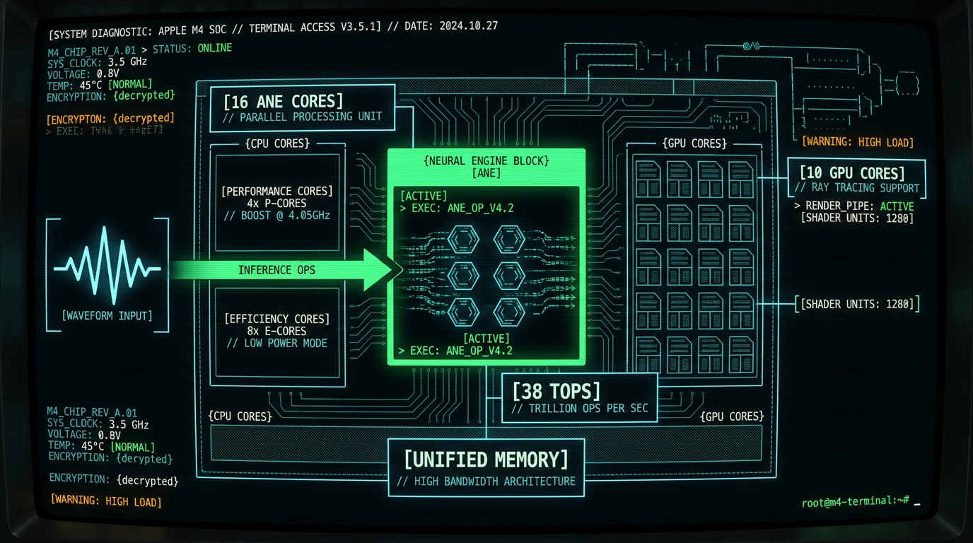 Apple M4 chip architecture diagram highlighting Neural Engine section for local AI model inference