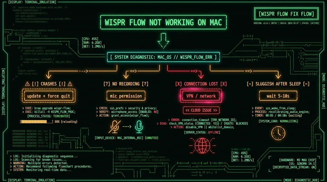 Troubleshooting flowchart for Wispr Flow not working on Mac showing four branches crashes no recording connection lost and sluggish after sleep with fixes
