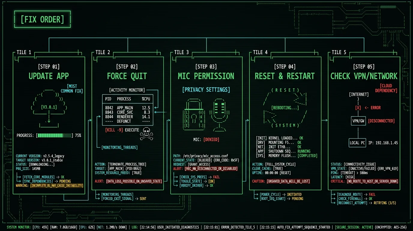 Five step fix sequence for Wispr Flow on Mac update app force quit microphone permission reset restart and check VPN network