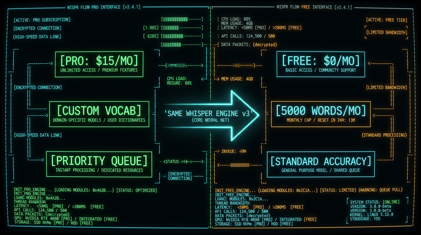 Wispr Flow Pro vs Free tier feature comparison diagram showing identical transcription engine