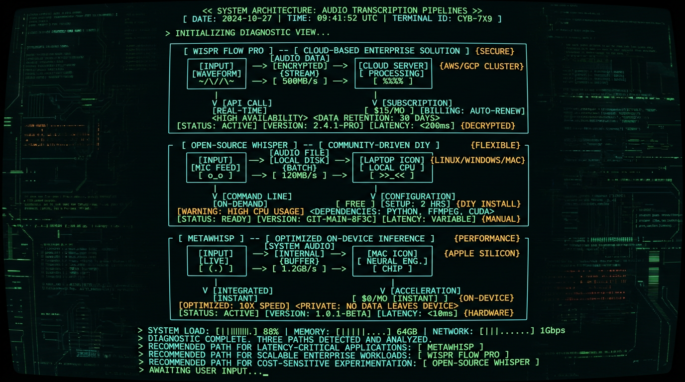 Three voice-to-text architecture paths comparing cloud subscription vs local open-source Whisper implementations