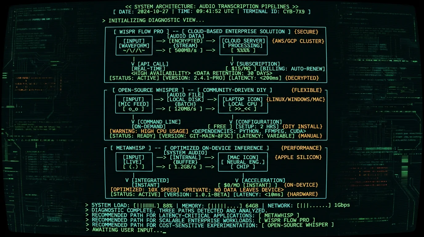 Three voice-to-text architecture paths comparing cloud subscription vs local open-source Whisper implementations