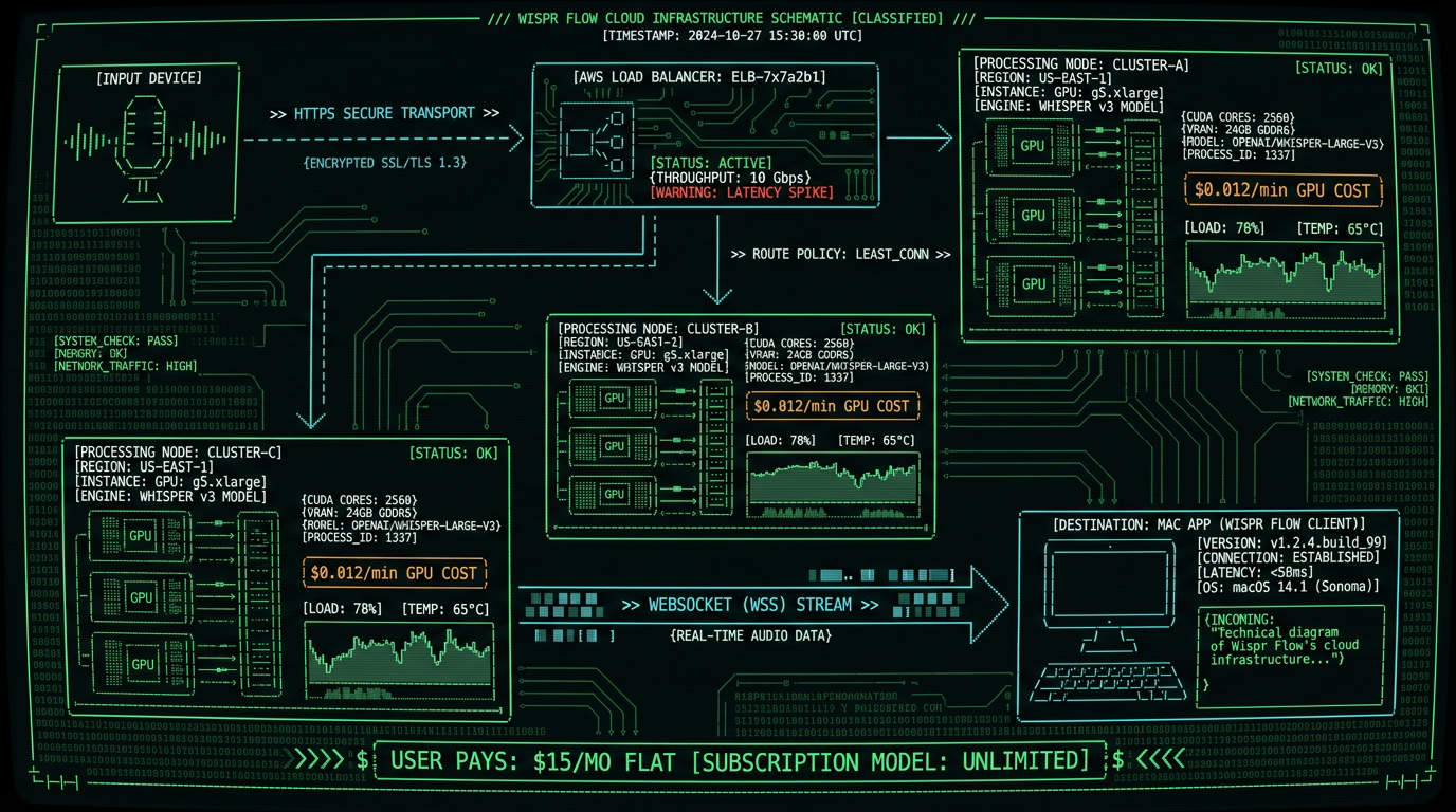Wispr Flow cloud transcription pipeline architecture showing AWS infrastructure and cost structure