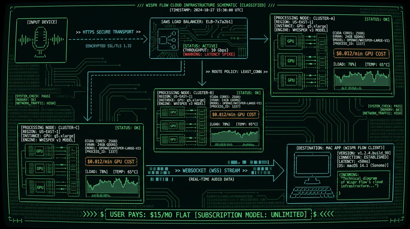 Wispr Flow cloud transcription pipeline architecture showing AWS infrastructure and cost structure