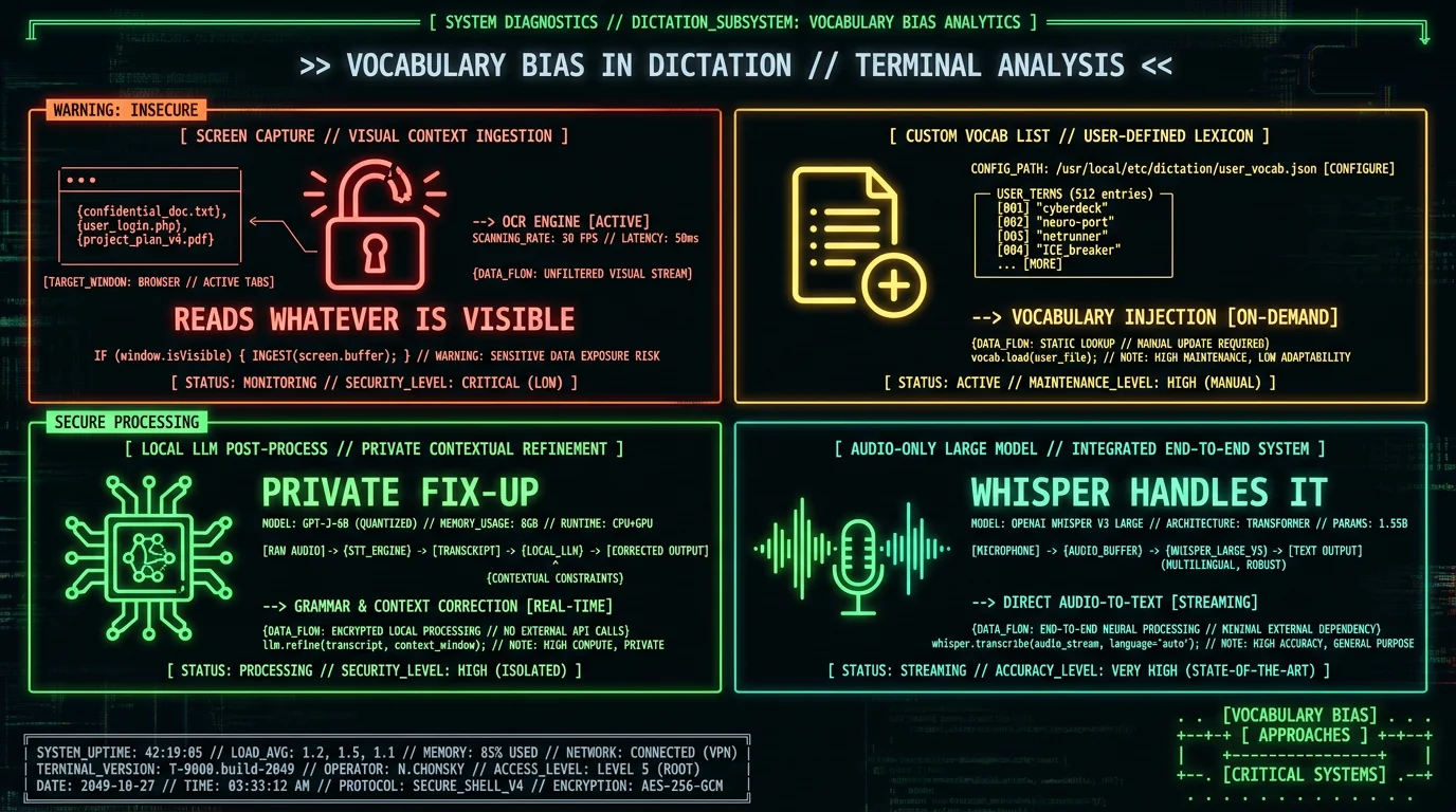 2x2 grid showing four approaches to handling proper nouns and custom vocabulary in voice dictation on Mac including screen capture custom lists local LLM and audio-only methods
