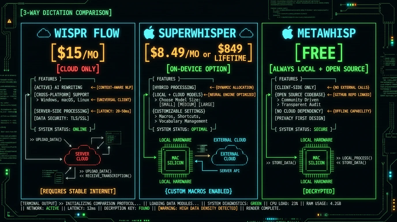 Three-way comparison of Wispr Flow cloud-only $15 per month versus SuperWhisper on-device option $8.49 per month versus free open-source MetaWhisp for Mac dictation
