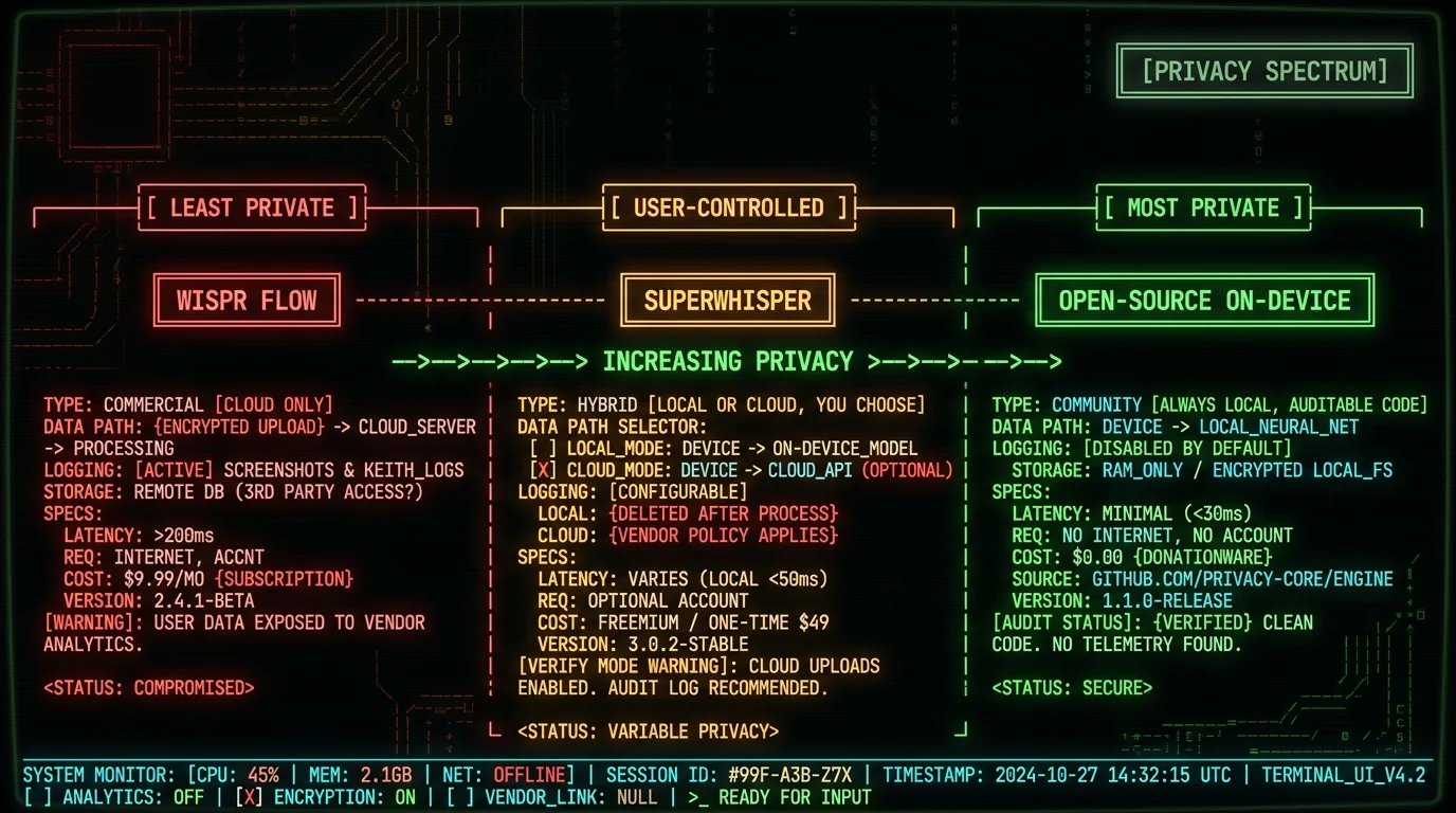 Privacy spectrum showing Wispr Flow cloud-only least private then SuperWhisper hybrid then open-source always-local on-device most private for Mac dictation