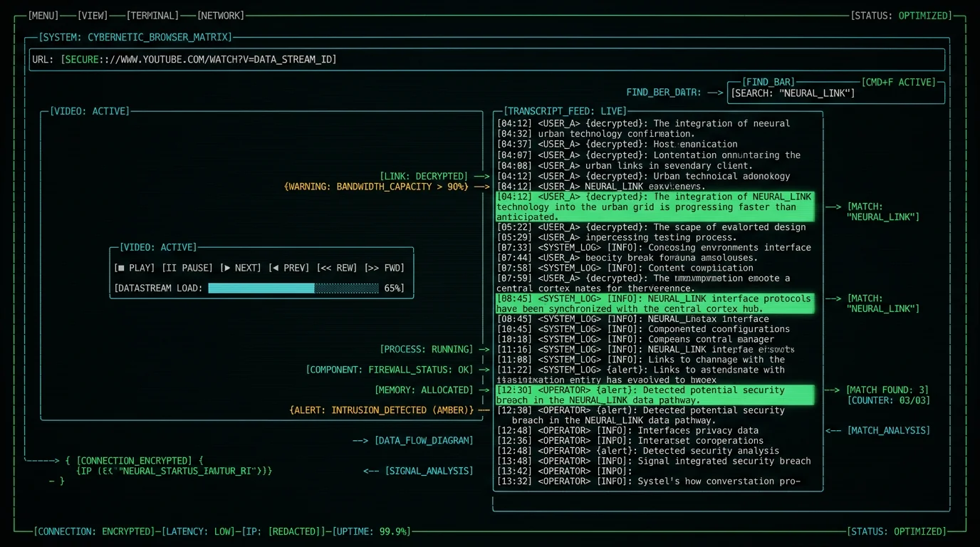 Cmd+F search inside YouTube transcript panel on Mac with three matches highlighted