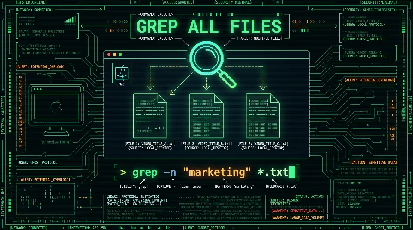 Schematic showing how to search across multiple YouTube transcripts using grep on Mac